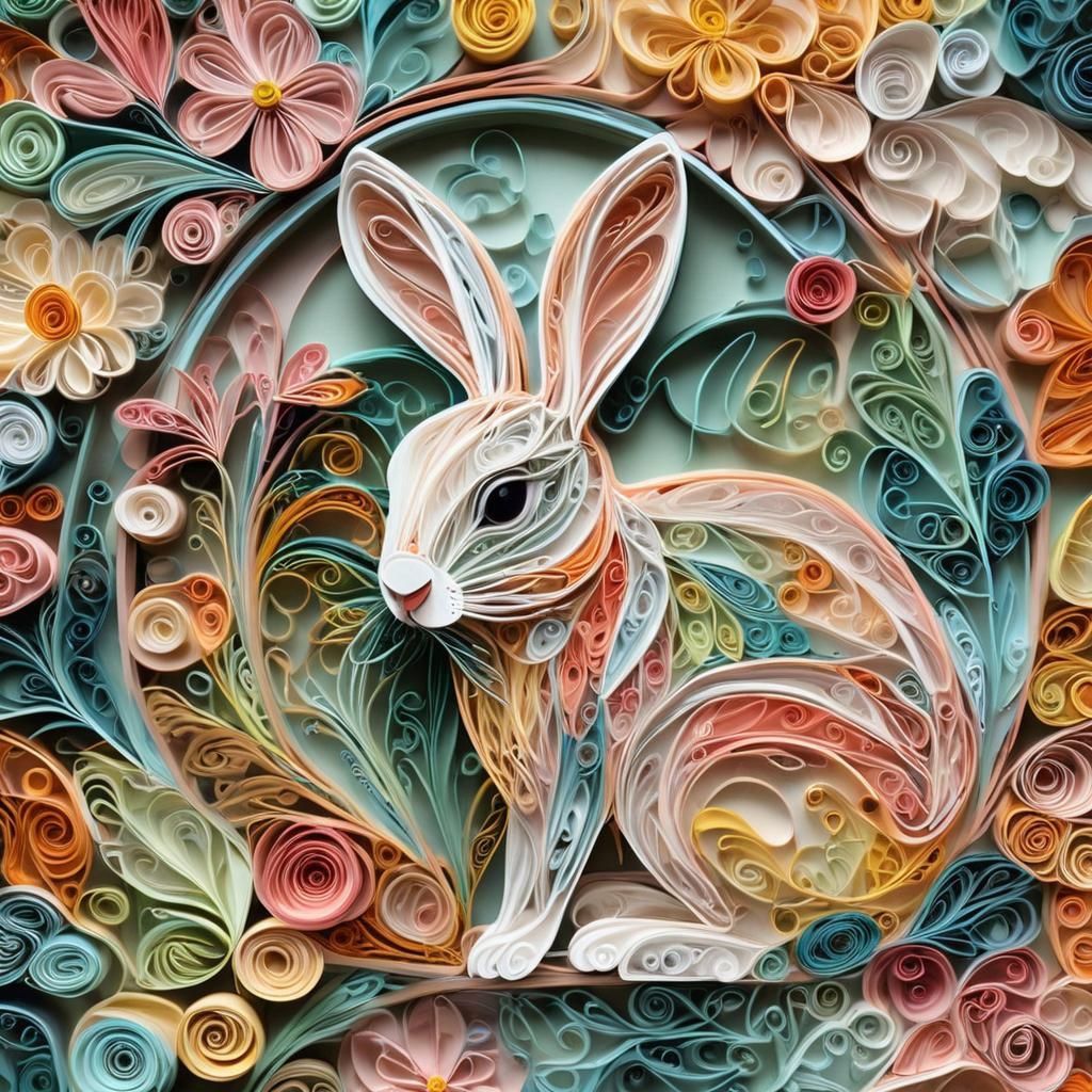 Quilled Paper Rabbit in a Garden, Close-up