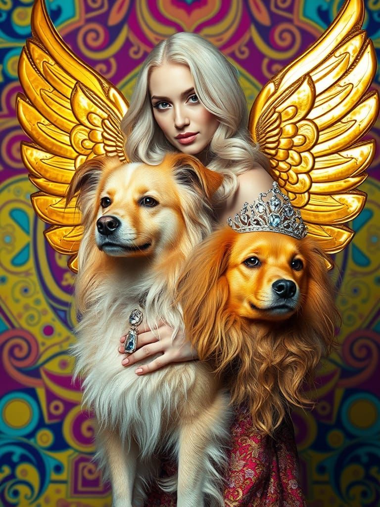 Ethereal Blond Goddess with Golden Wings and Lassie Dog in A...