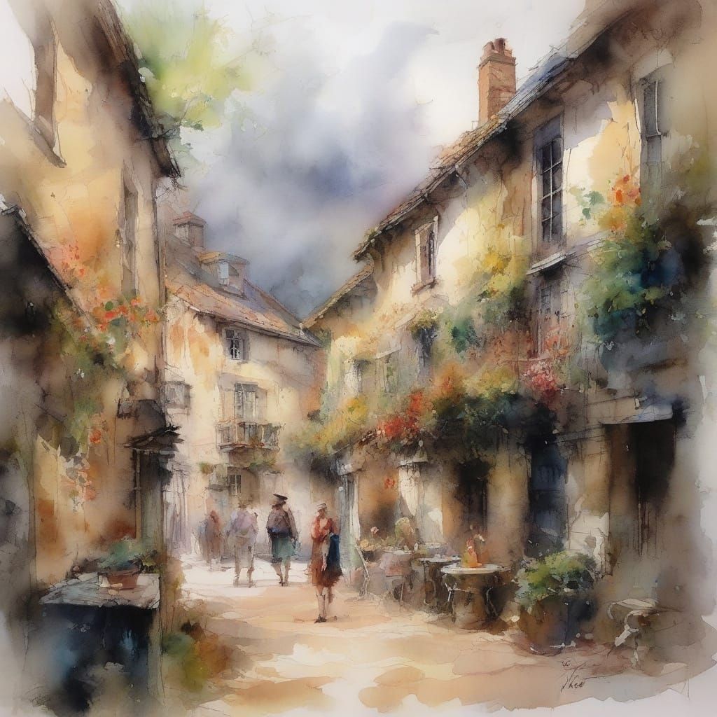 Cotswold Village in Expressive Watercolour Splash Art