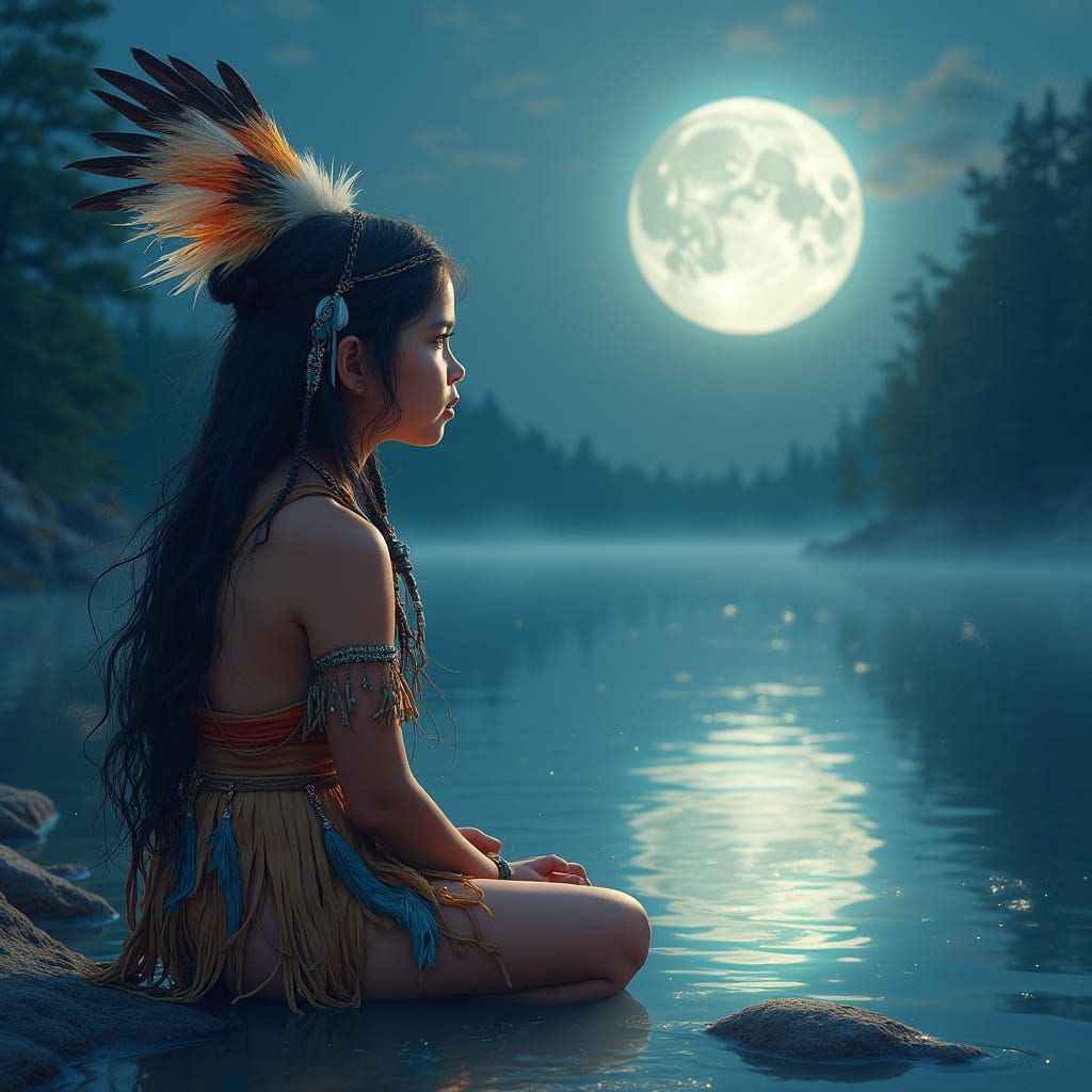 Native Child Gazes at Moonlit Water in Magical Realism Style