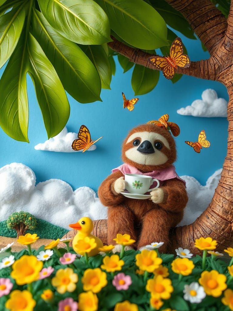 Colorful Felt Art Sloths in Tropical and Fantasy Scenes