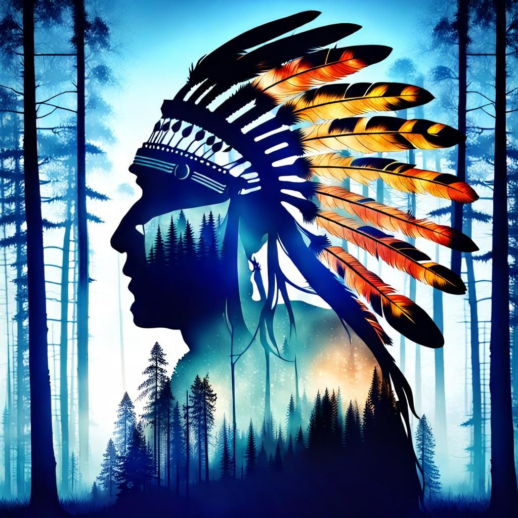 Apocalyptic Forest Double Exposure in Native American Silhou...