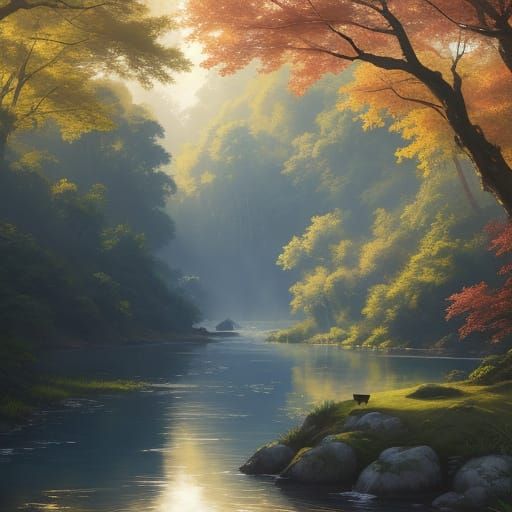 Serene Deer by River at Golden Hour