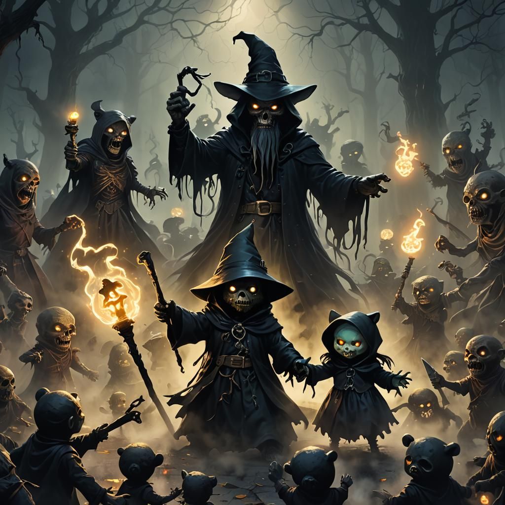 Necromancer pitch black Gummy Bear wizard with big ears  battling  zombies to save a little goth girl and her animated d...