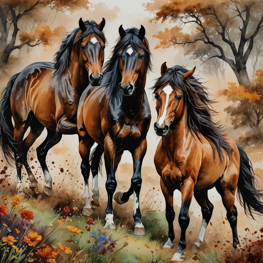 Colorful Horses in Autumn Meadow: Digital Watercolor Paintin...