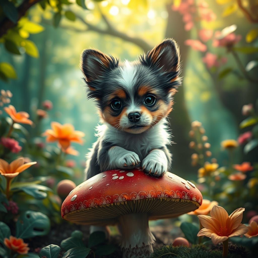 Whimsical Forest Baby Dog in Dreamlike Detail