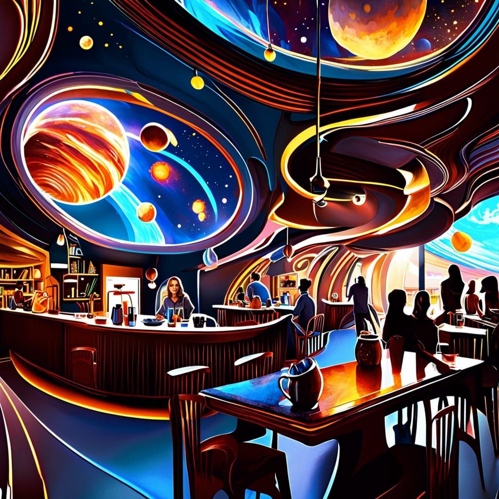 Cosmic Coffee Shop with Futuristic Baristas