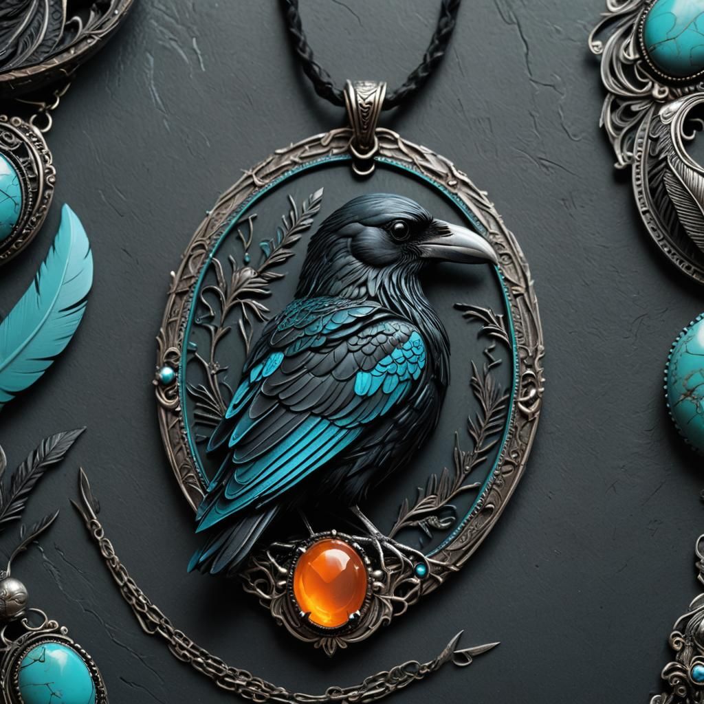 Raven Perched on Turquoise Cameo: Matte Painting