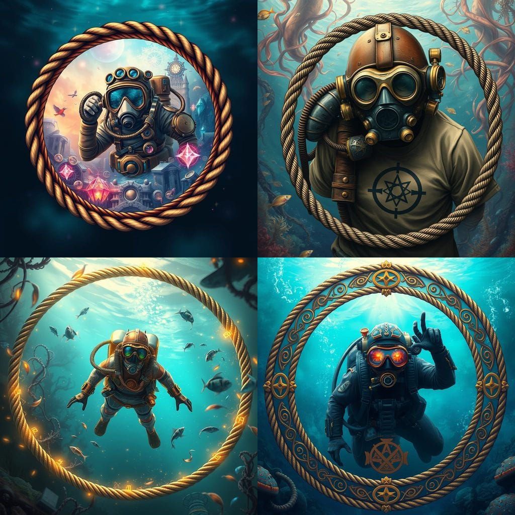 Steampunk Scubadiver in Epic Fantasy Underwater Scene