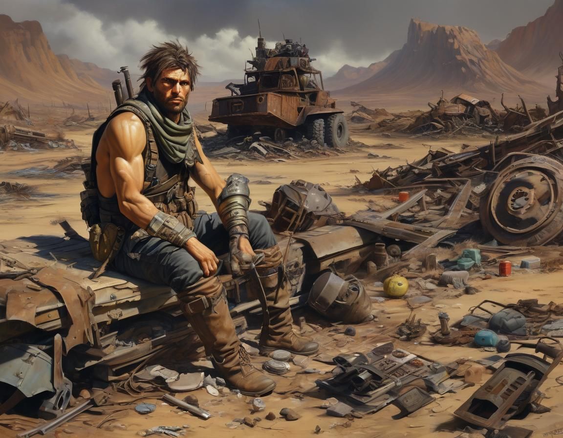 oil painting of wasteland scavenger guy