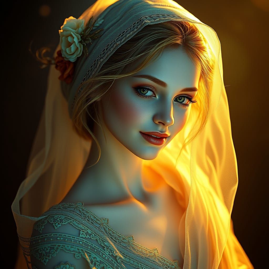 Dreamy Art Nouveau Goddess in Golden-Hour Light
