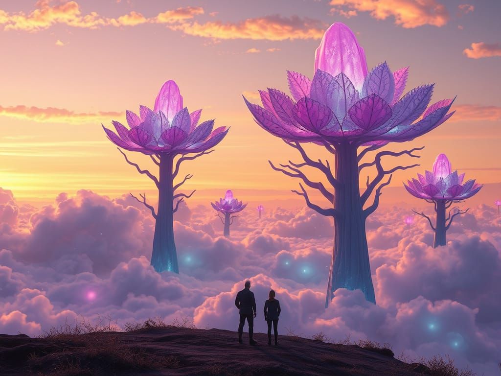 Surreal Bioluminescent Cloudscape with Crystalline Trees