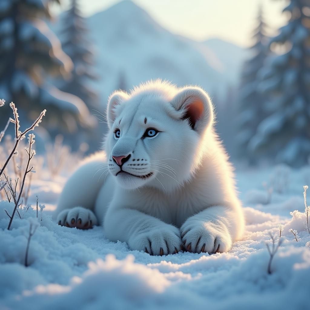 Snow Lion Cub in Frozen Wilderness: Fantasy Concept Art