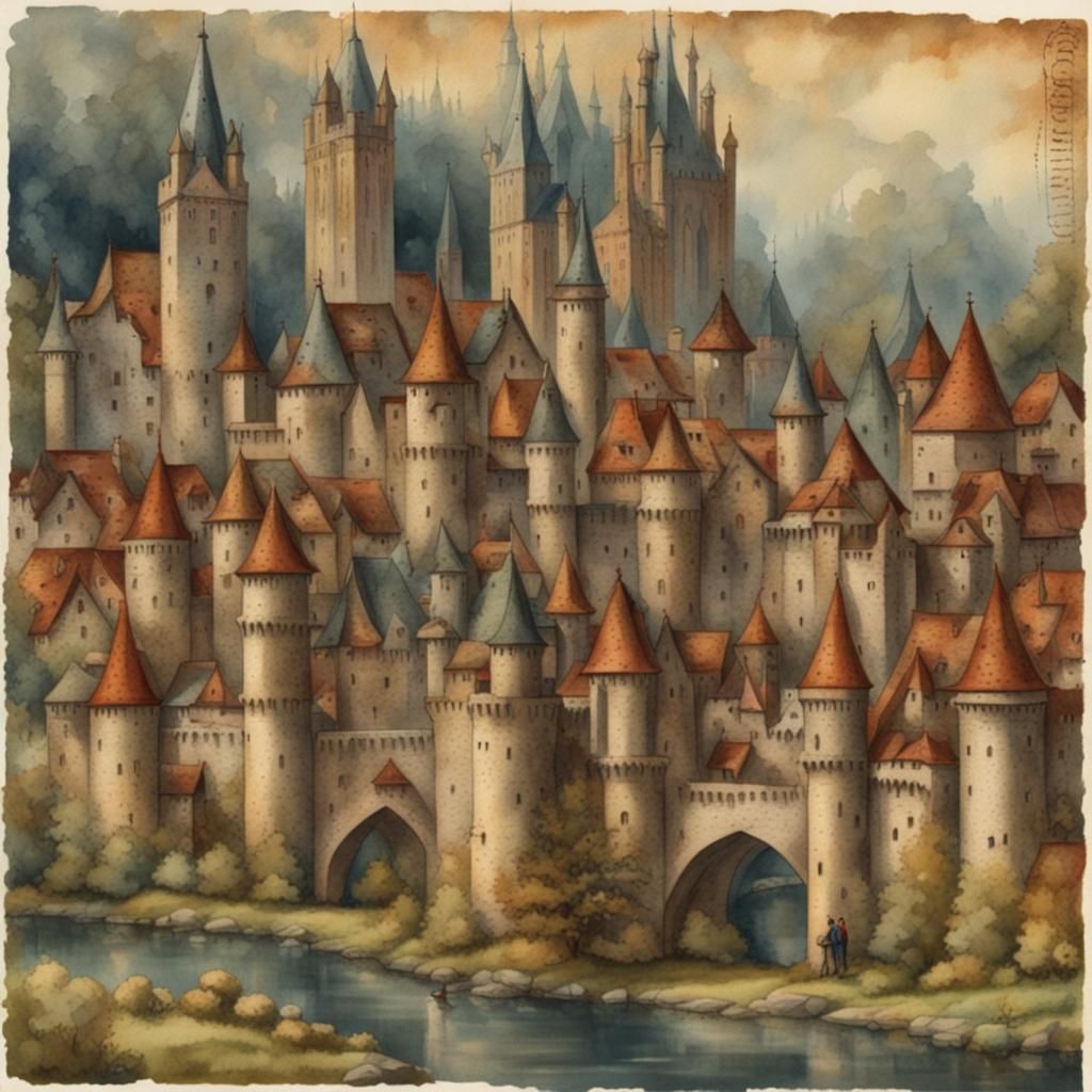 Medieval Postage Stamps in Watercolor Style