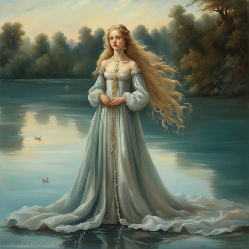 Renaissance Girl with Pearl Embroidery in Lake