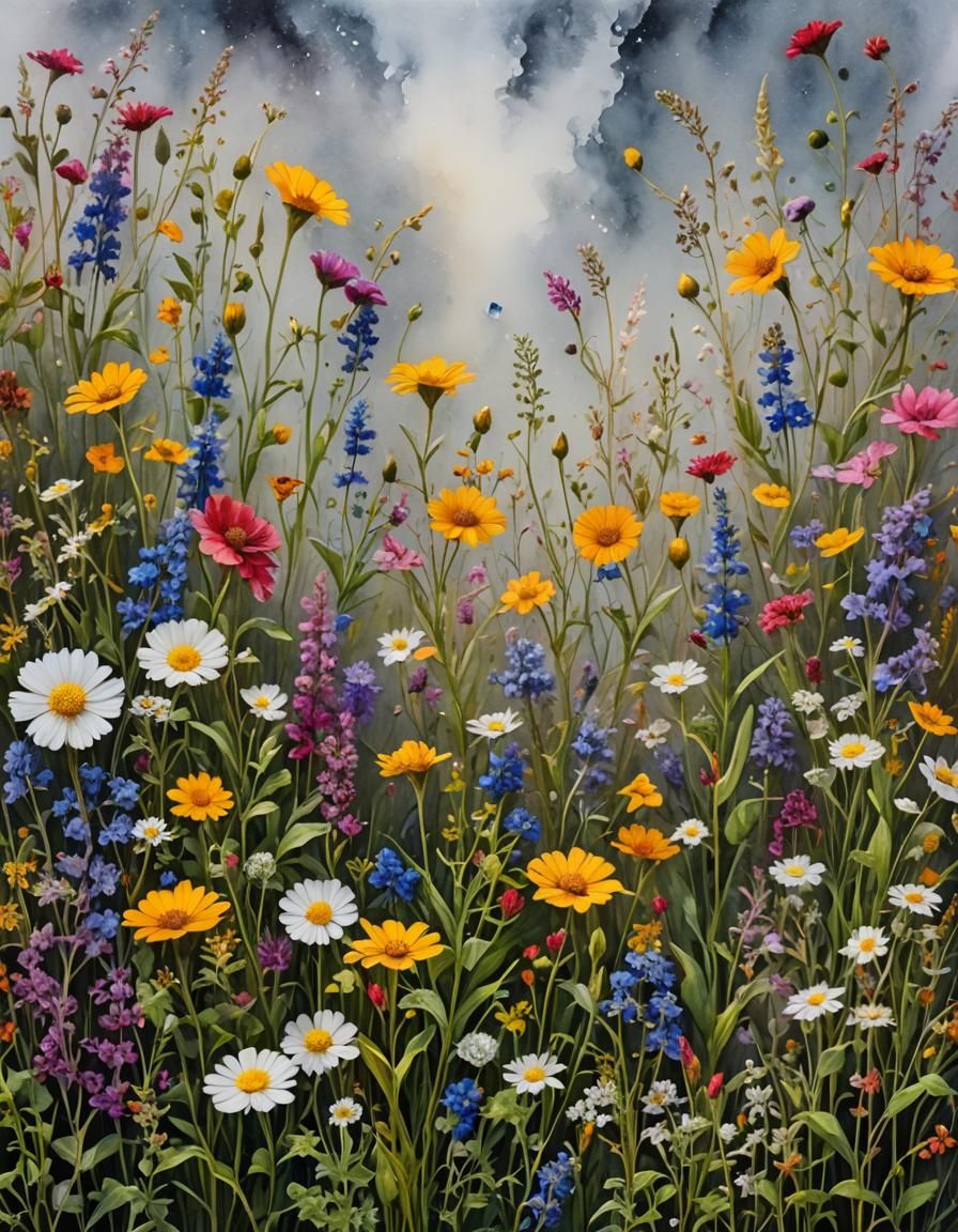 Overgrown Wall of Wildflowers in Mixed Media