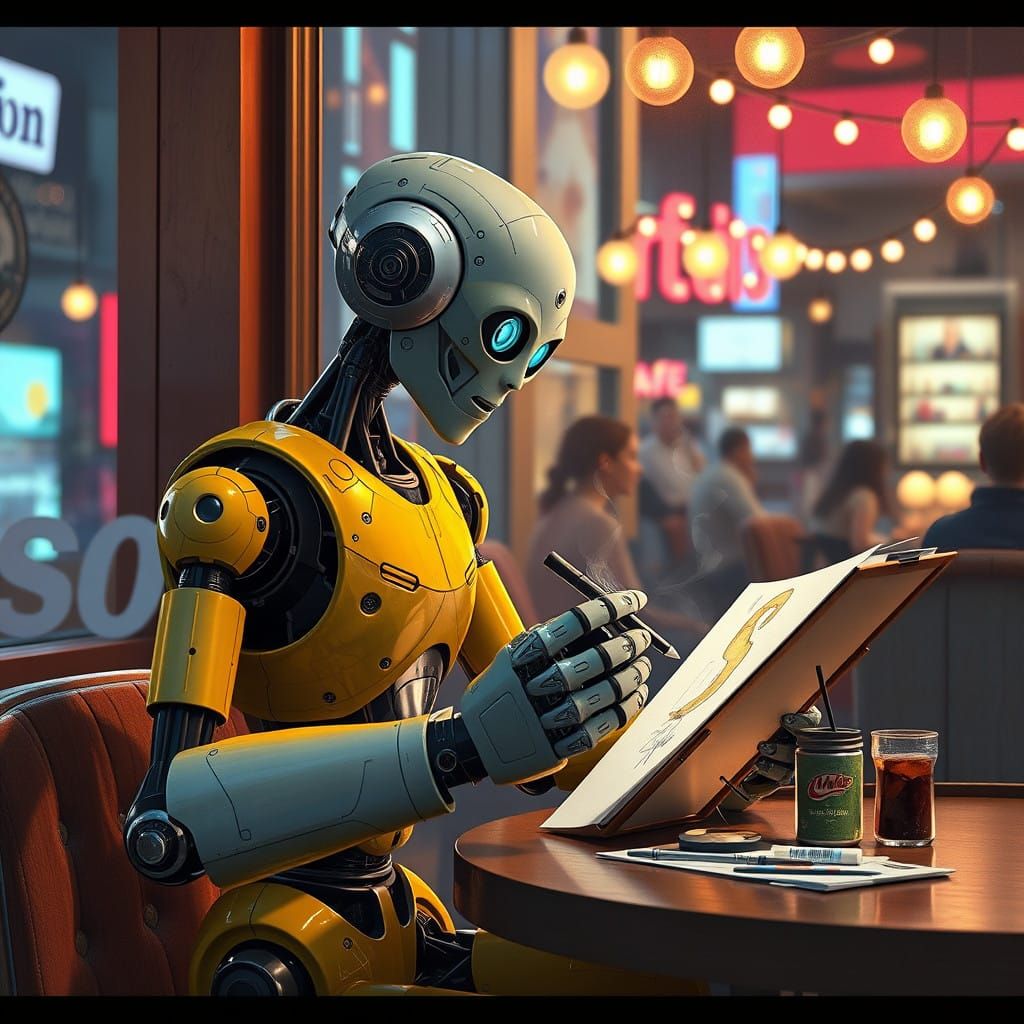Vibrant AI Robot Sketches Epic Scenes in Stylized Digital Pa...