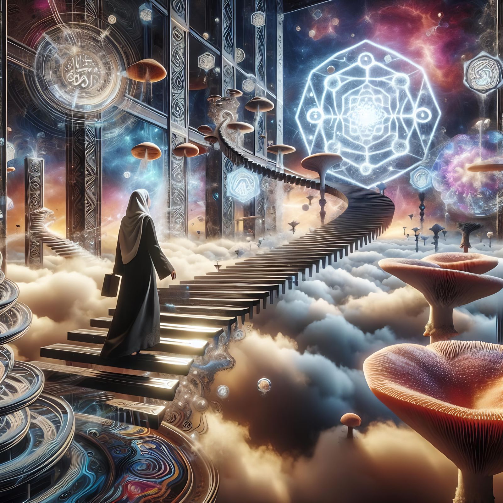 Woman Ascending Staircase in Surreal Landscape