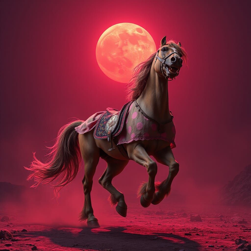Pantomime Horse Dances Under Crimson Blood Moon