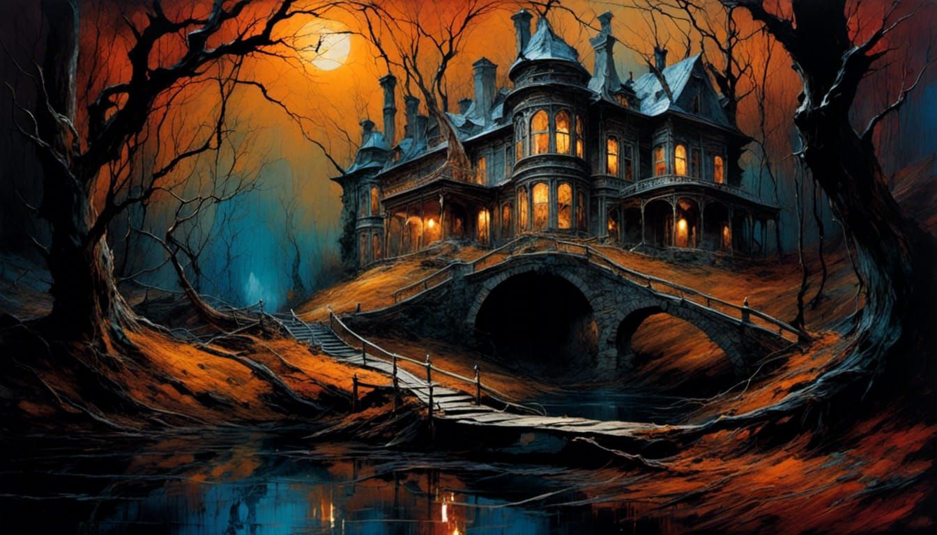 Epic spooky old mansion, crippled trees, creek, walkway, .