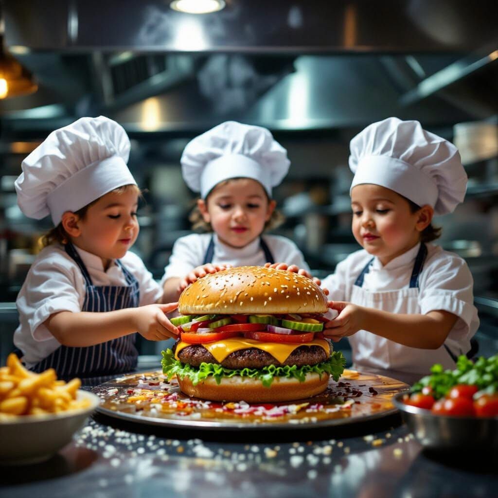 Miniature Chefs Prepare a Giant Burger: Cinematic Film Style