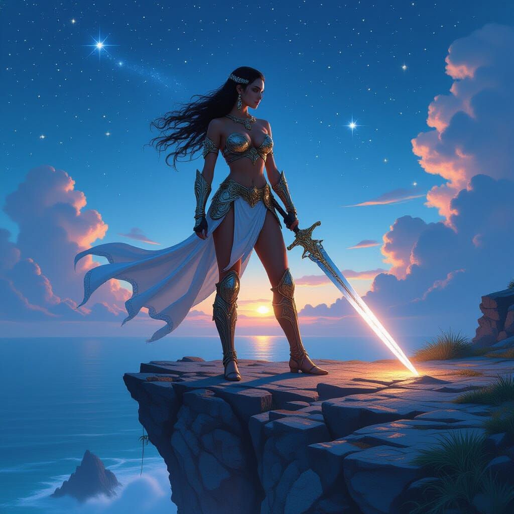 Warrior Princess on Windswept Cliff: Hyperrealistic Art