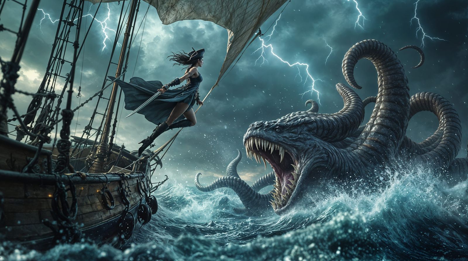 Pirate Captain Battles Kraken in Stormy Sea