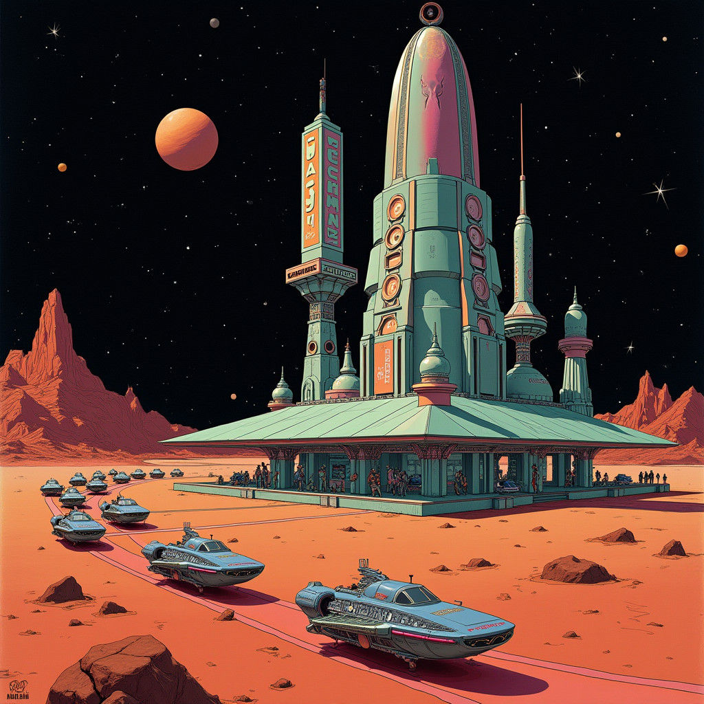 Alien Gas Station on Red Planet in Space