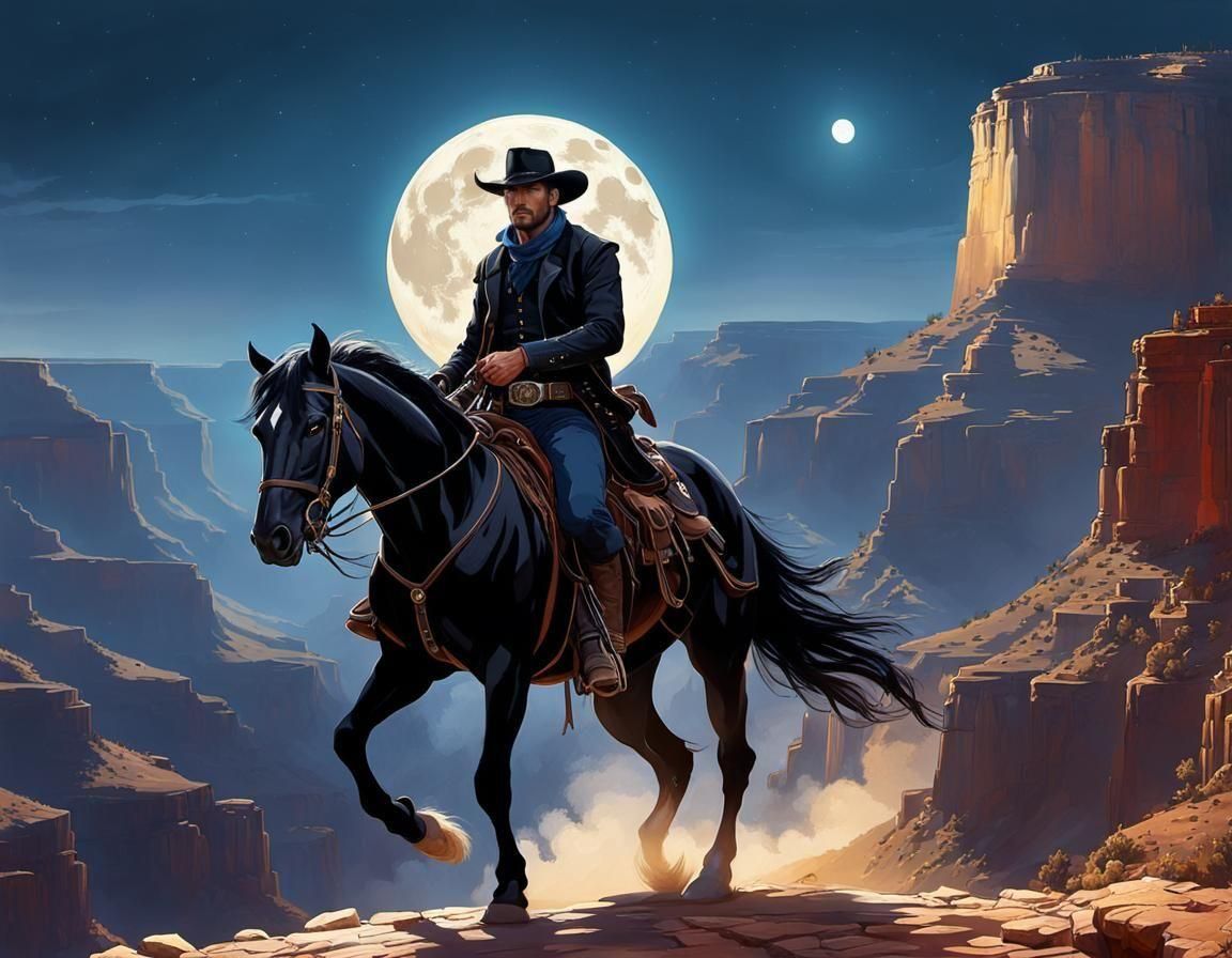 Cowboy Rides Through Grand Canyon Under Moonlight