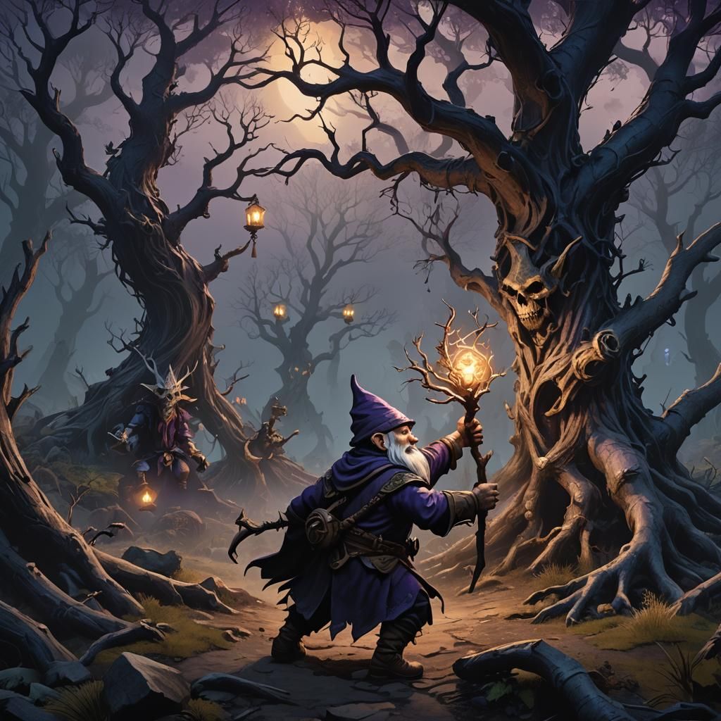 Gnome Ranger Attacks Mage in Dark Fantasy Art