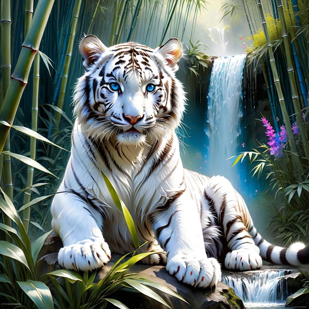 Adorable White Tiger Cub in Bamboo Forest