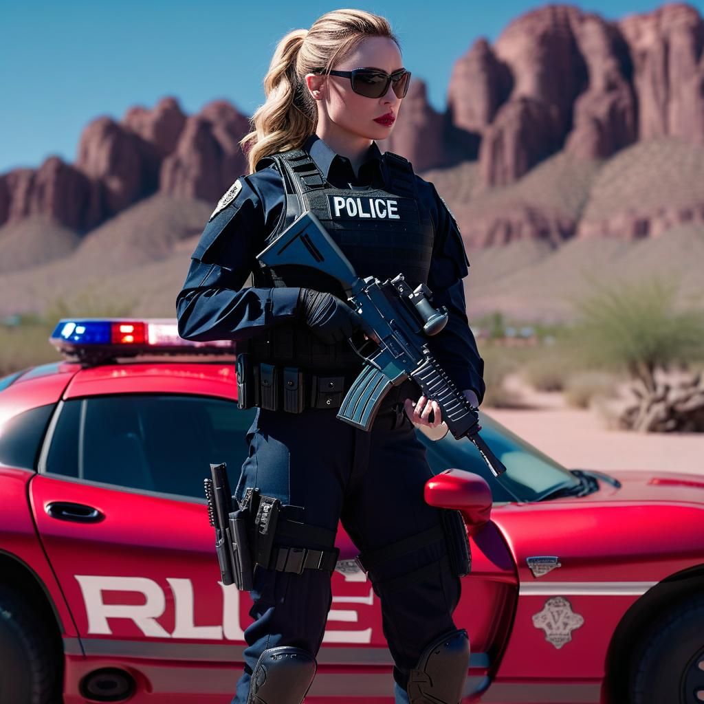 Woman in SWAT Uniform with Police Car