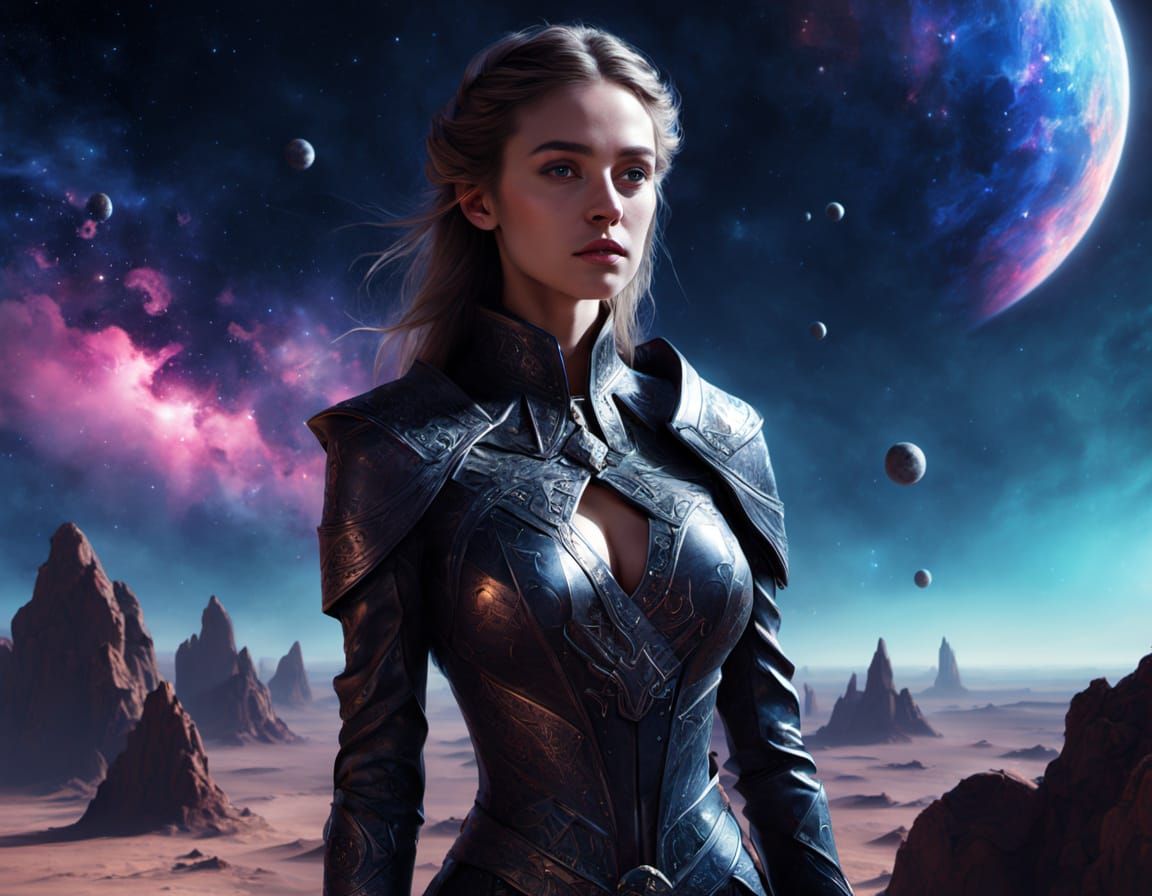 Regal Woman in Celestial Attire on Post-Apocalyptic Planetoi...