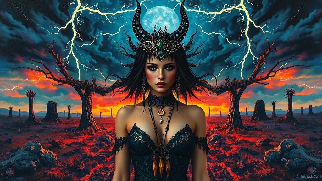 Mystical Temptress in Gothic Sci-Fi Landscape