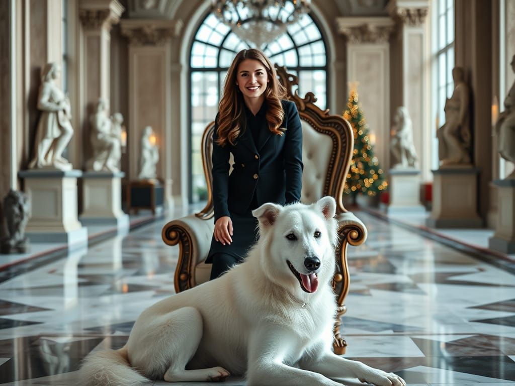 Young Woman Surrounded by Statues in a Modern Room, Christma...