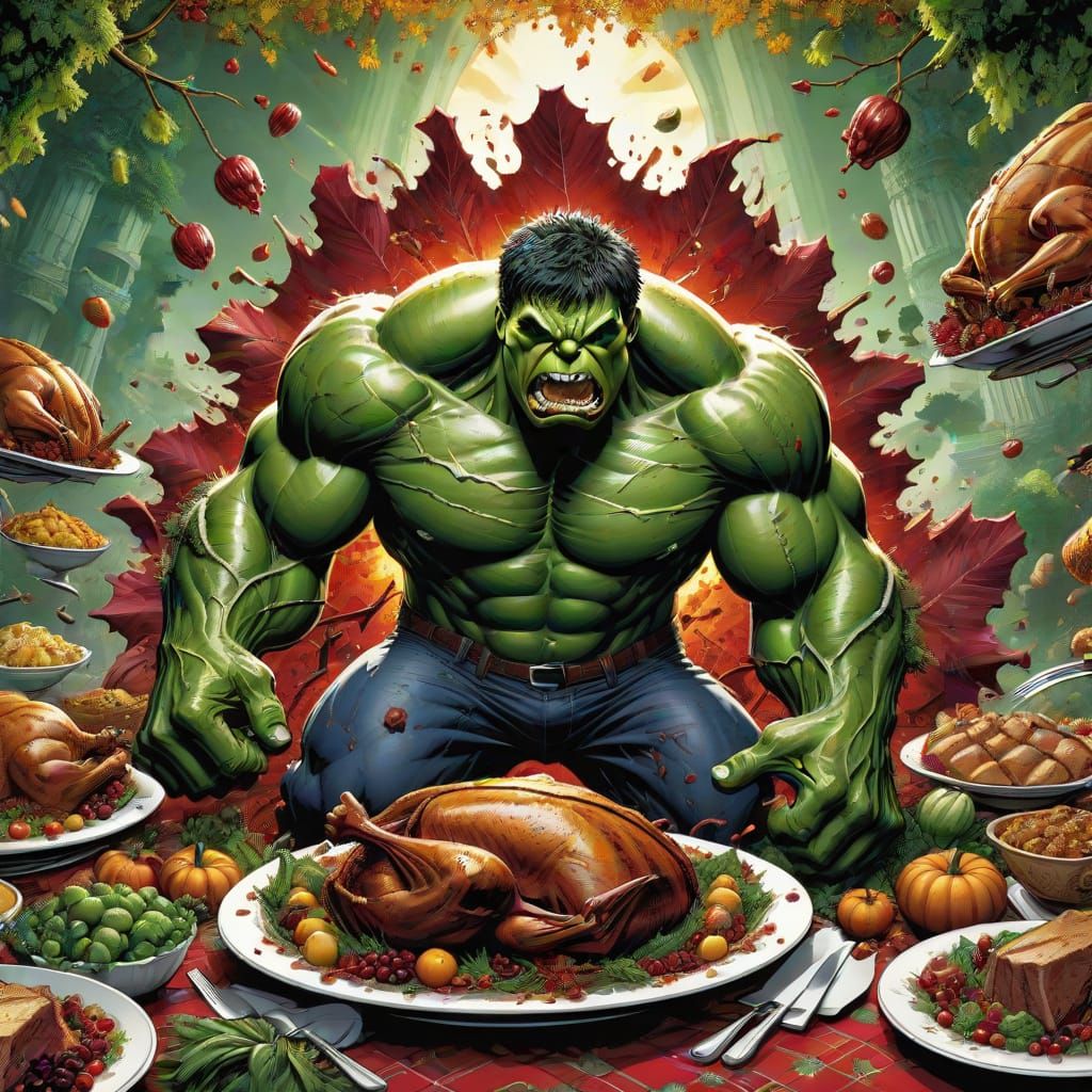 Hulk Smashes Thanksgiving Dinner in Comic Style