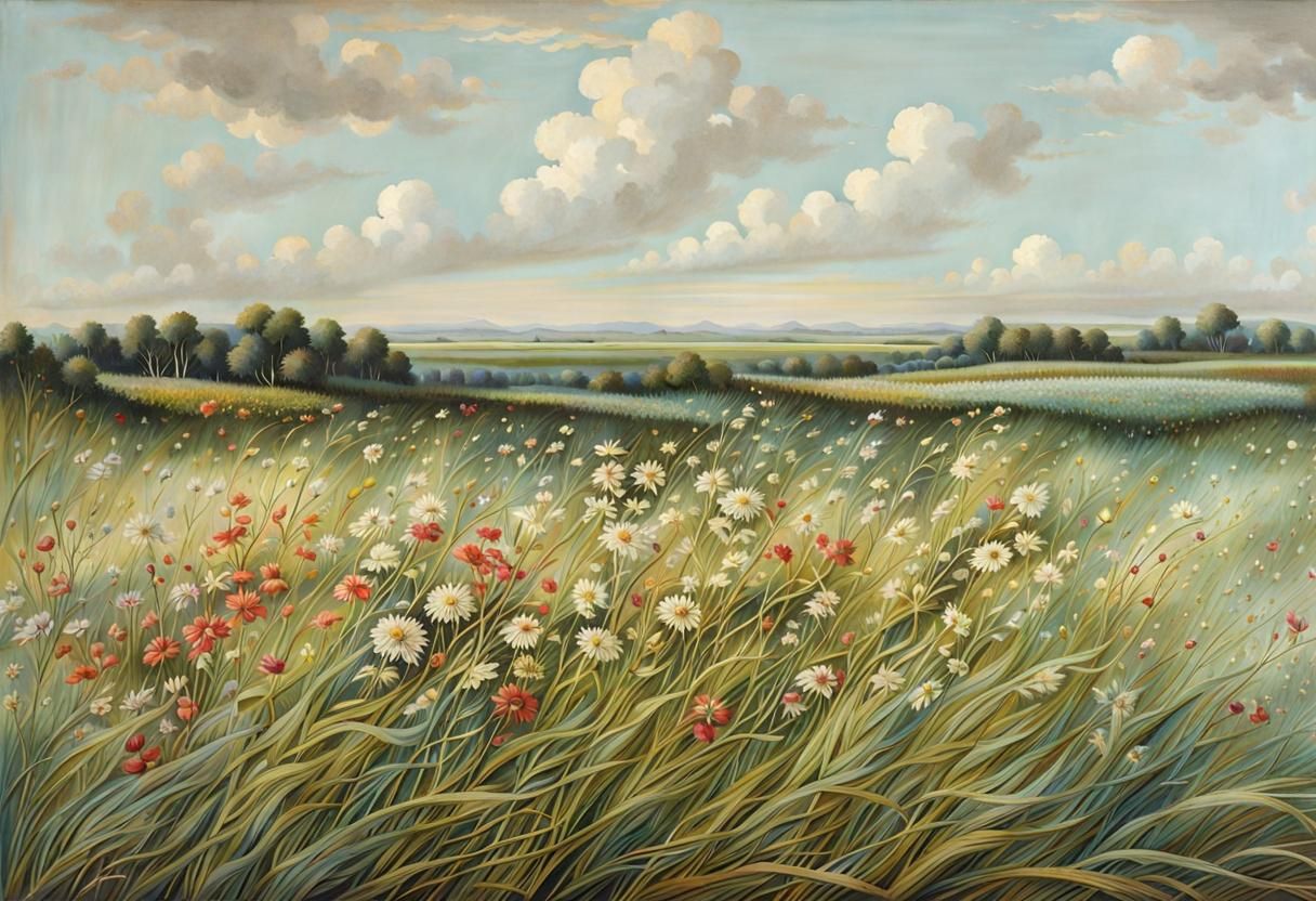 Vintage Landscape of Wildflowers, Masterpiece Composition