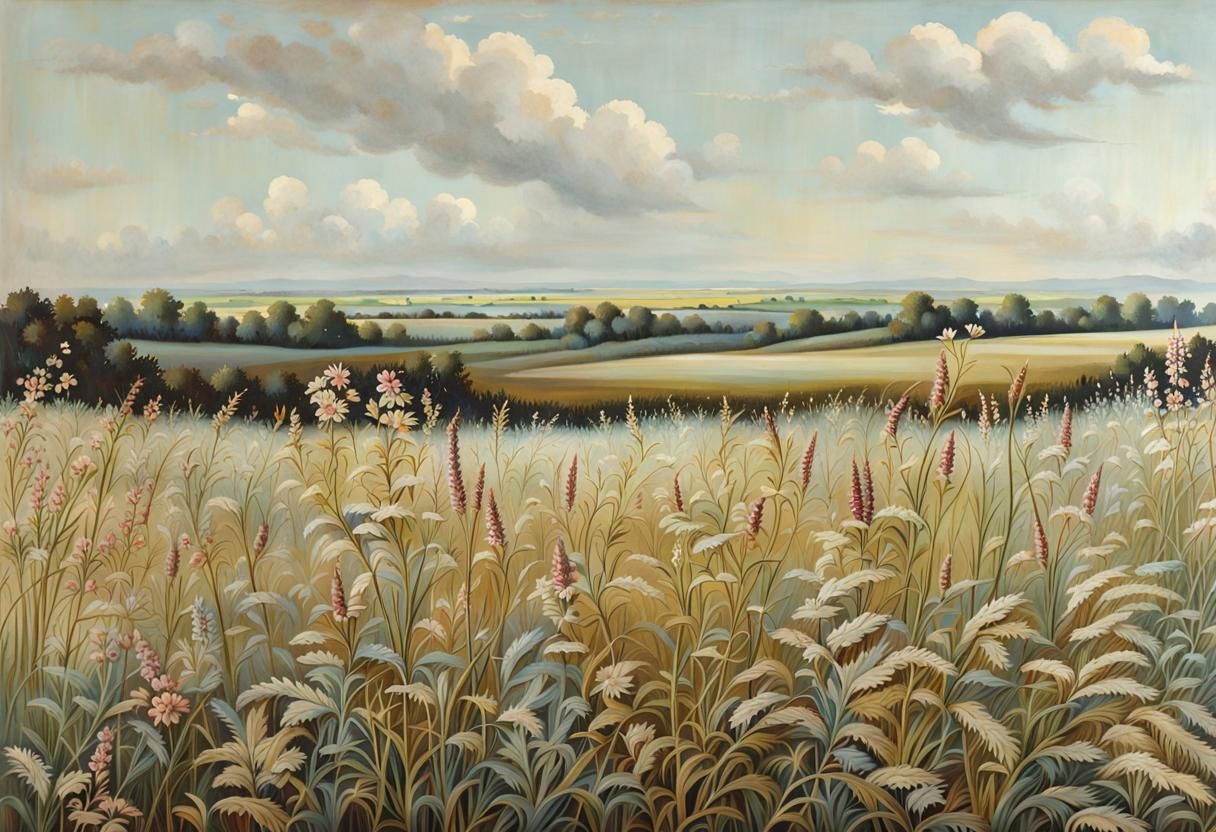 Vintage Landscape of Wildflowers and Grasses