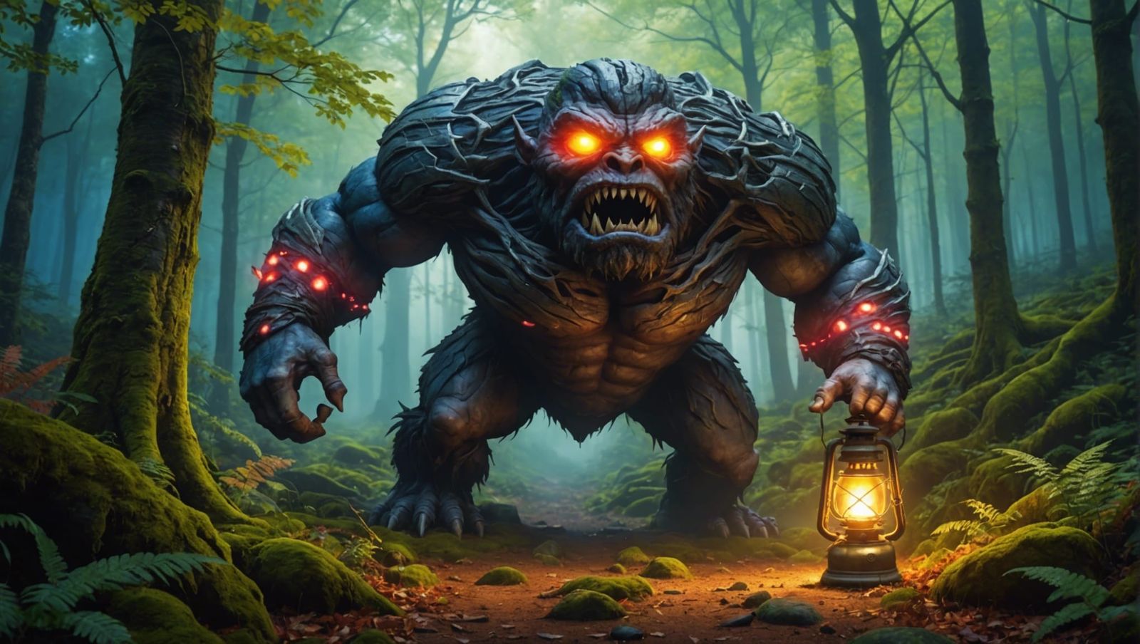 Giant Cyclops with Lantern in Colorful Forest