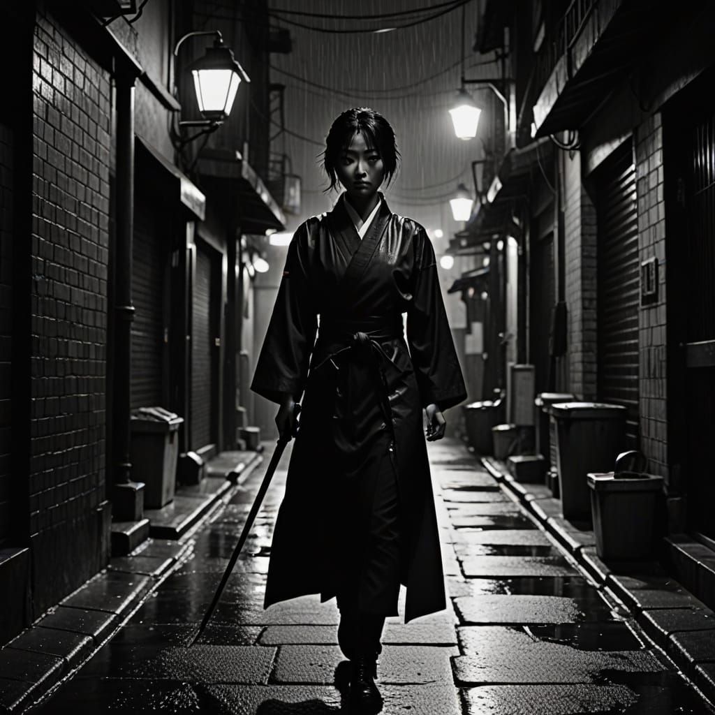 Kunoichi Patrols Rainy Alleyway in Film Noir Style