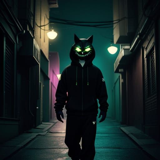 Neon Cheshire Cat Man in Dark Alleyway