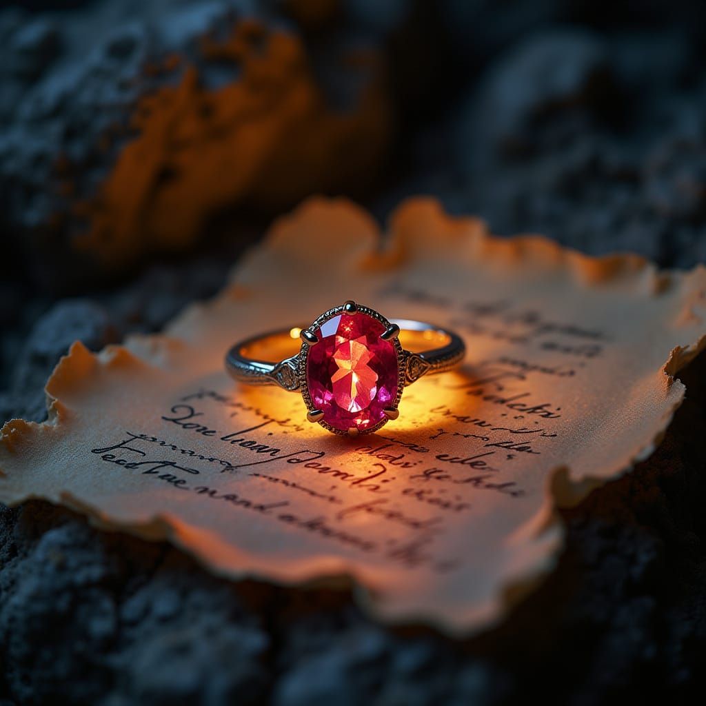 Elven Ruby Ring Radiates Golden Flame in Ancient Cavern