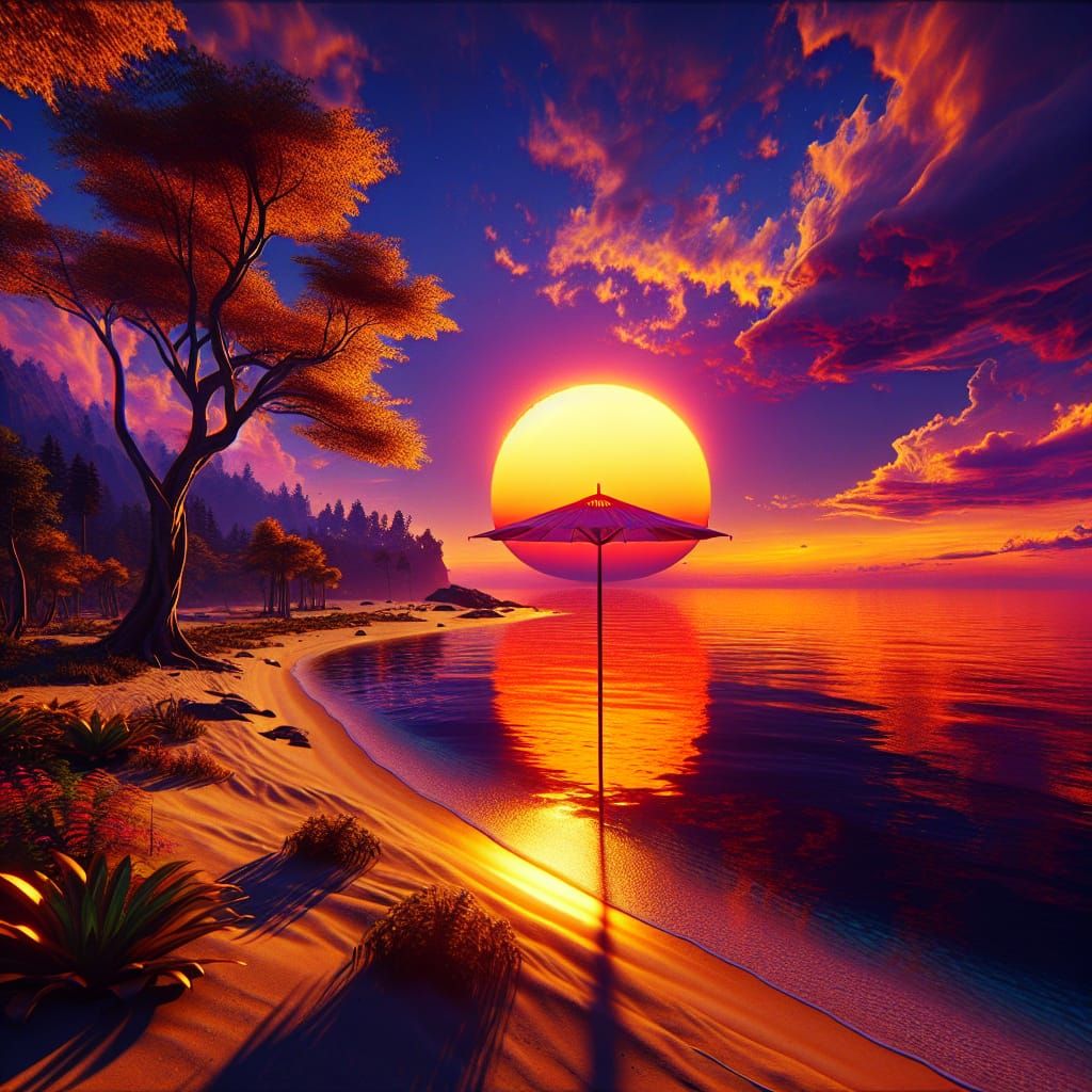 Tranquil Sunset Coastal Scene in Matte Painting Style