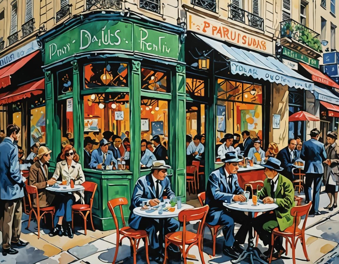 Paris Cafe Scene in Gouache Impressionist Style