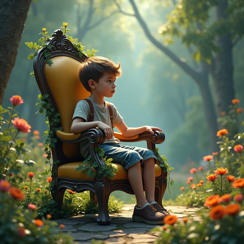 Boy in Lush Garden: Matte Painting Fantasy Art