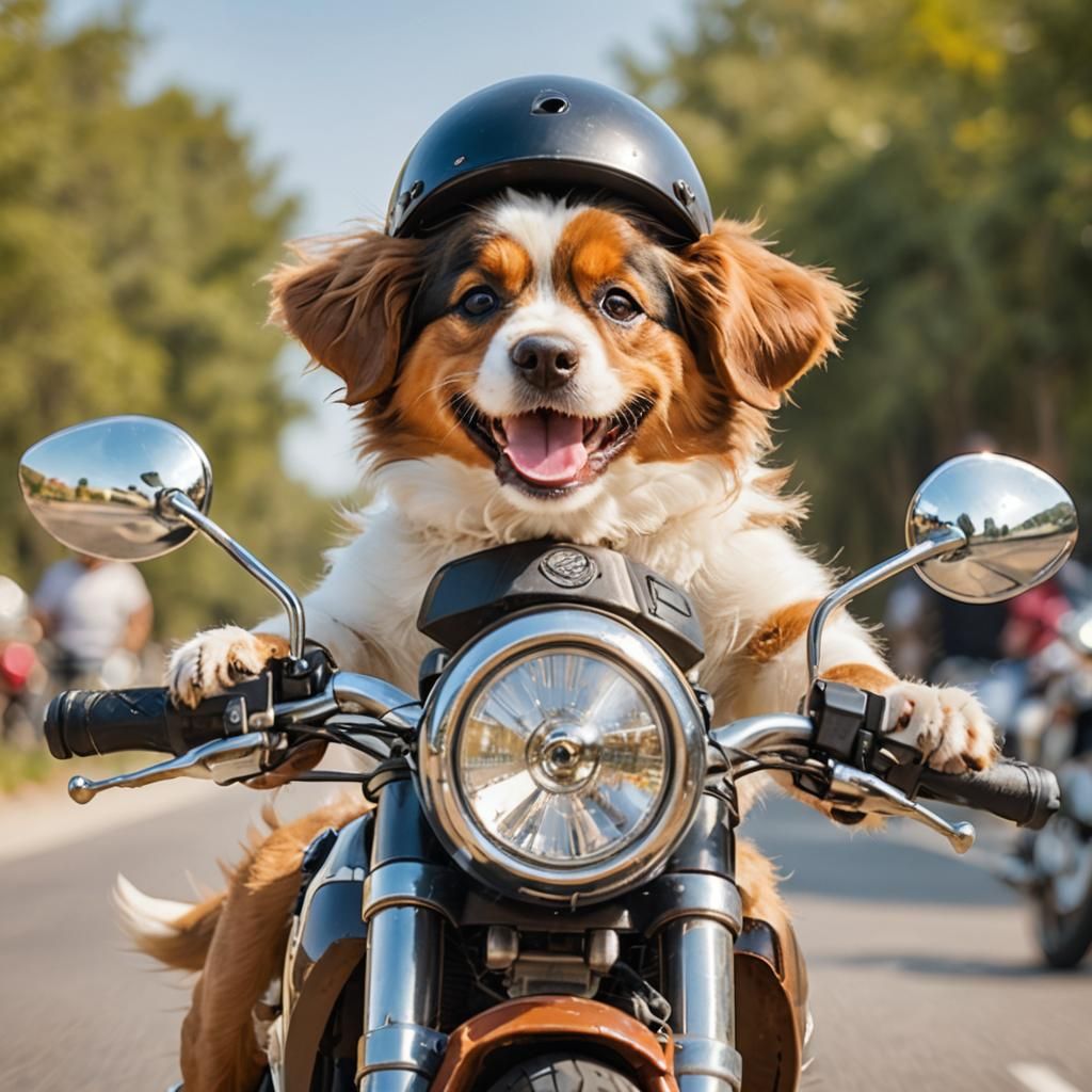 Dog Rides Motorcycle with Helmet