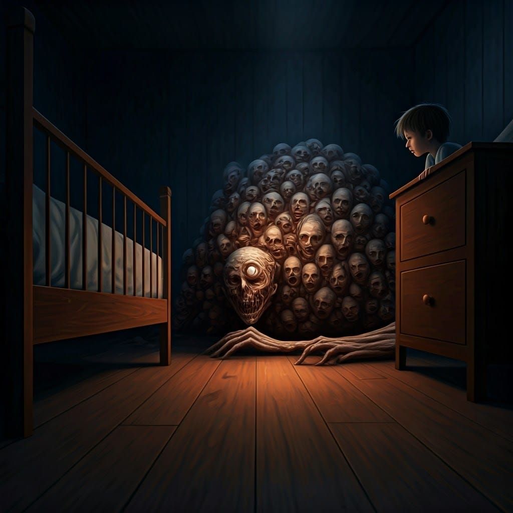Nightmarish One-Eyed Monster Under Bed, in Gothic Horror Sty...