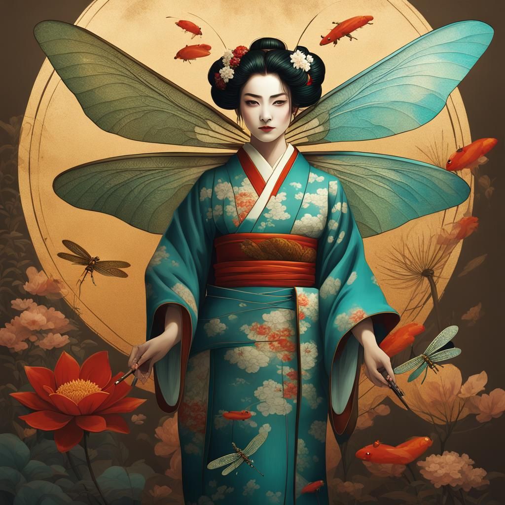 Majestic Geisha with Dragonfly Wings in Gauche Style