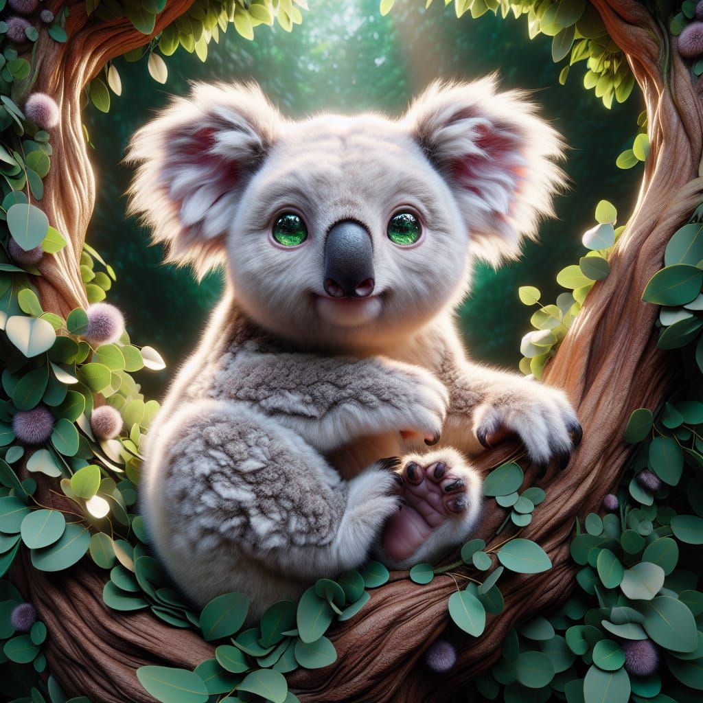 Fluffy White Koala in Eucalypt Tree: Photorealistic Oil Pain...