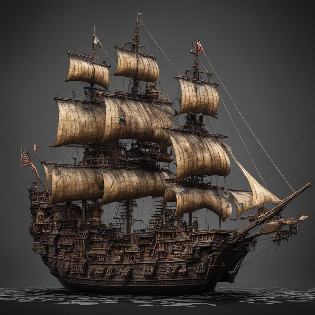 Detailed Pirate Ship Side View on Black